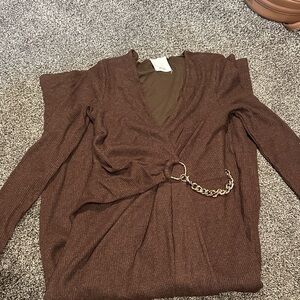 Acler Brown Long Sleeve Dress with Chain Detail